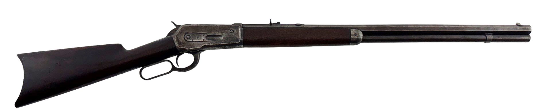 Antique double-barrel shotgun with wooden stock, shown in profile on a white background
