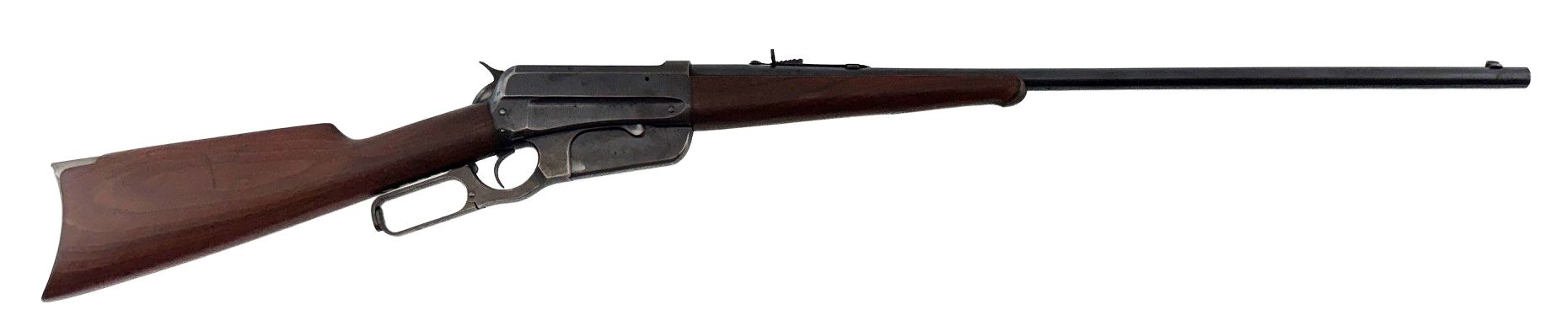 Long black rifle with wooden stock on a white background