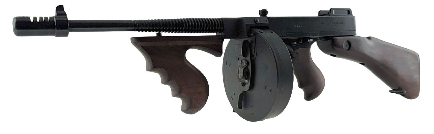 Black submachine gun with drum magazine and wooden grips on a white background