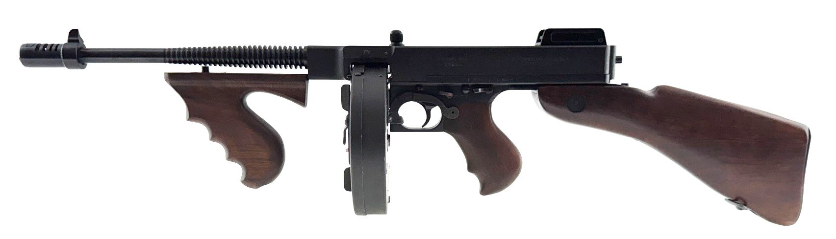 Side-view of a black submachine gun with wooden stock and foregrip on a white background