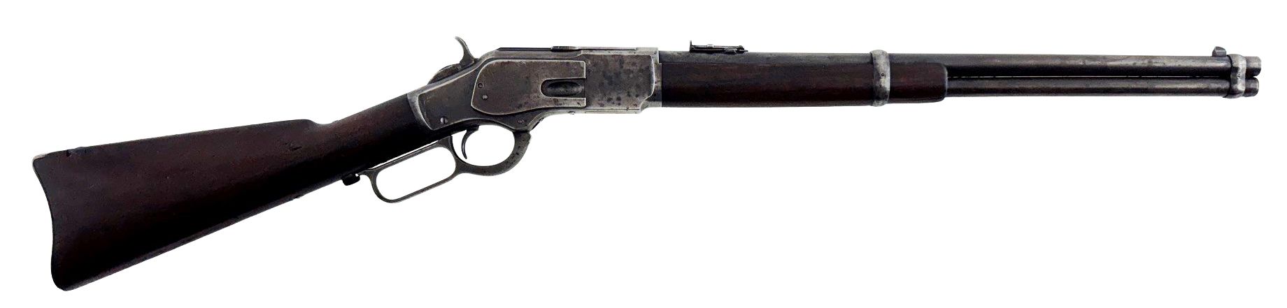 Long-barreled black rifle with wooden stock, shown in side view on a white background