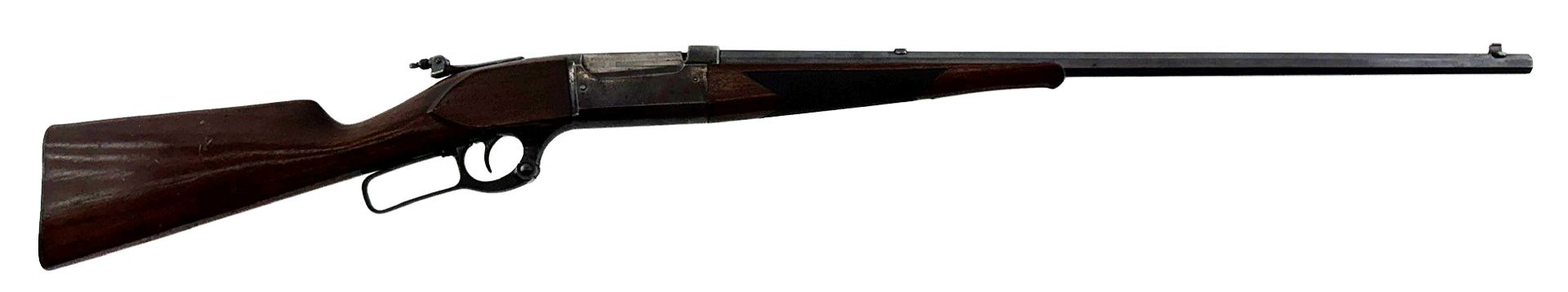 Bolt-action rifle with wooden stock, shown in profile on a white background