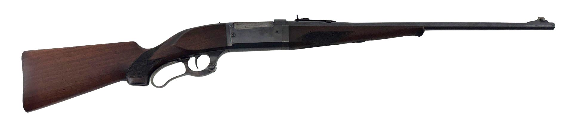 Rifle with wooden stock and long barrel on a white background