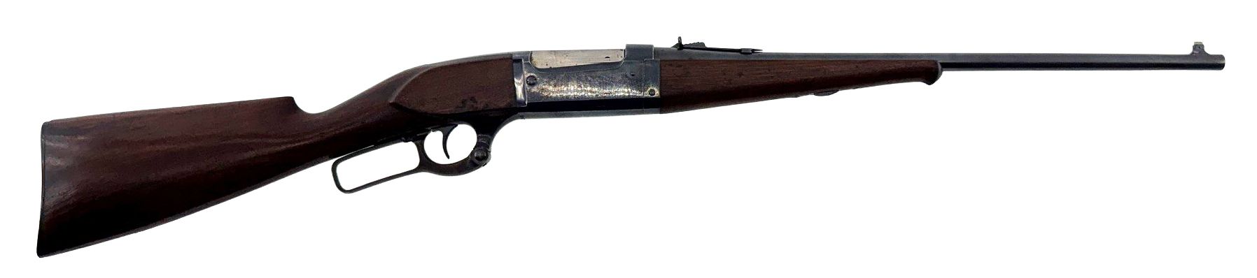 Wooden hunting rifle with a long barrel, shown in side profile on a white background
