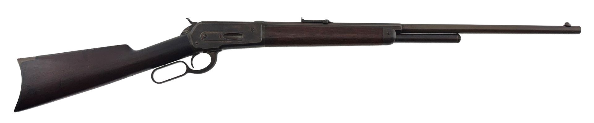 Side view of a brown-and-black hunting rifle with a wooden stock on a white background