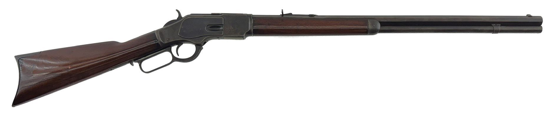 Long-barreled antique shotgun with wooden stock on a white background