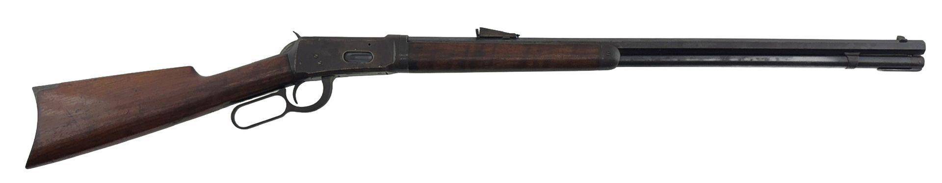 Wooden-stock rifle with a long barrel, shown in side view on a white background