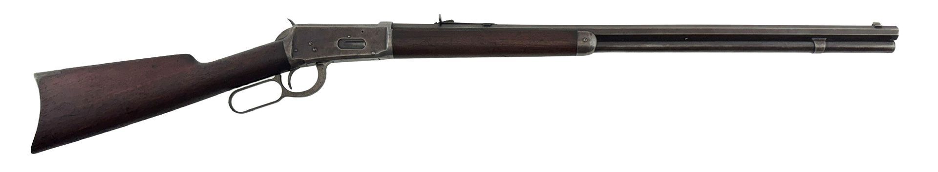 Long-barreled black rifle with wooden stock on a white background