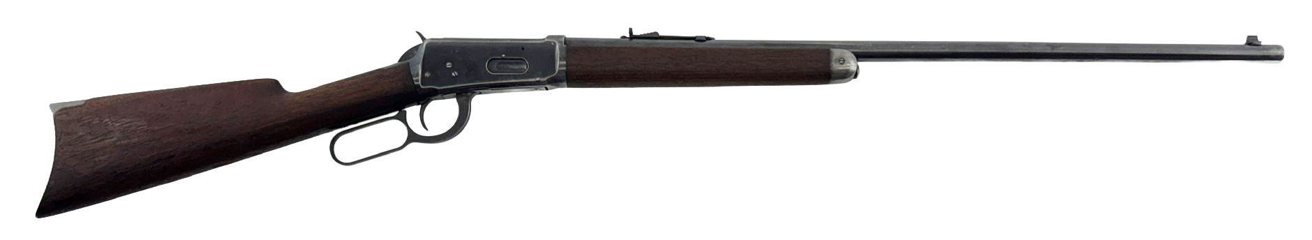 Side-view of a black and wood hunting rifle with a long barrel on a white background