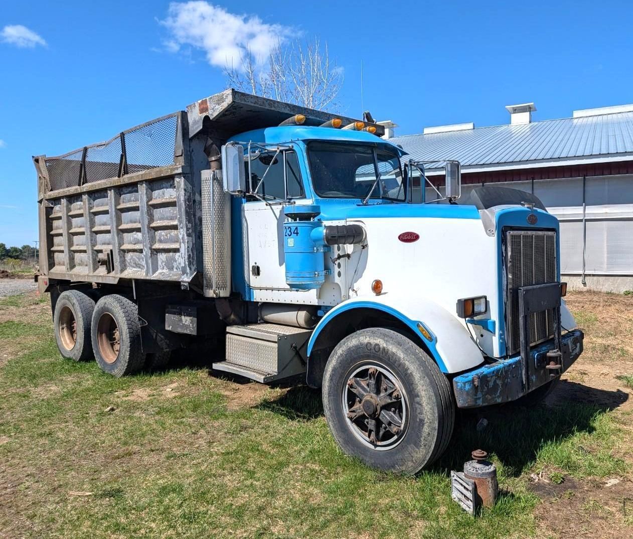 Blue and white dump truck parked on grass under a bright blue sky