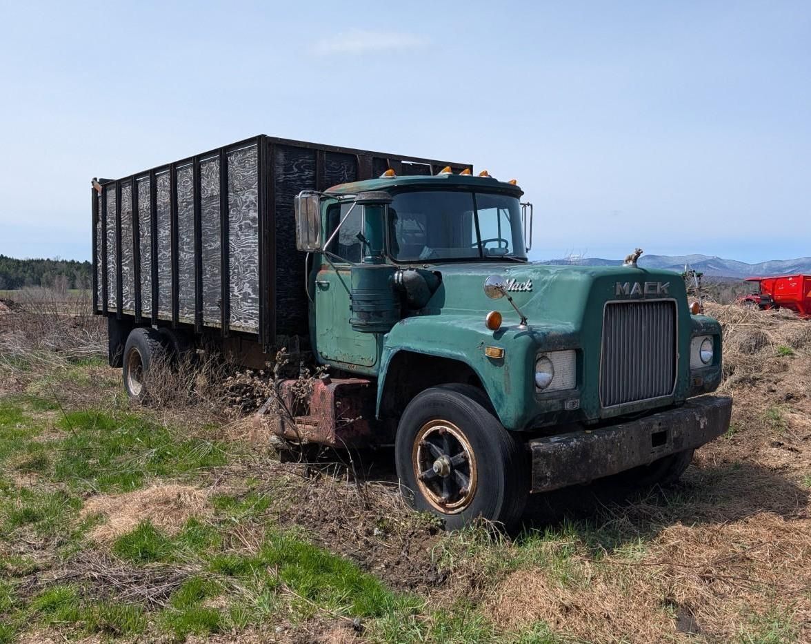Green vintage truck with a black cargo box parked in a grassy field under a blue sky