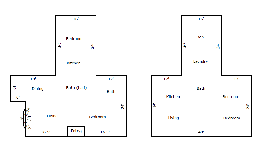 Two black-and-white house floor plans side by side with room labels and measurements