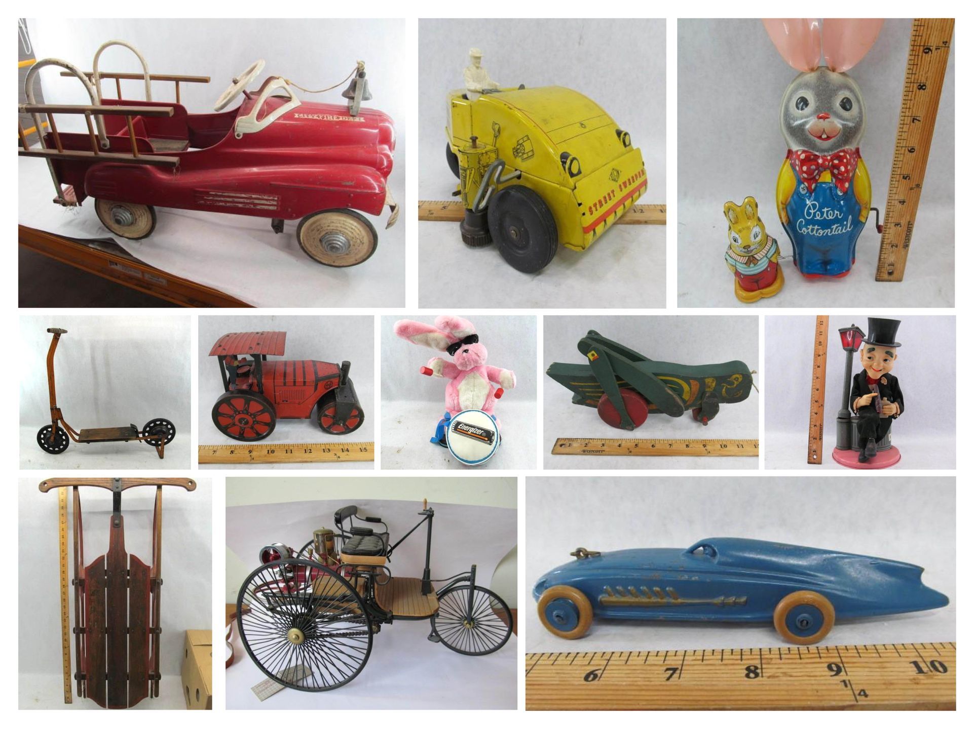 Collage of a collection of vintage toy vehicles and figures, including a fire truck, car, and rabbit.