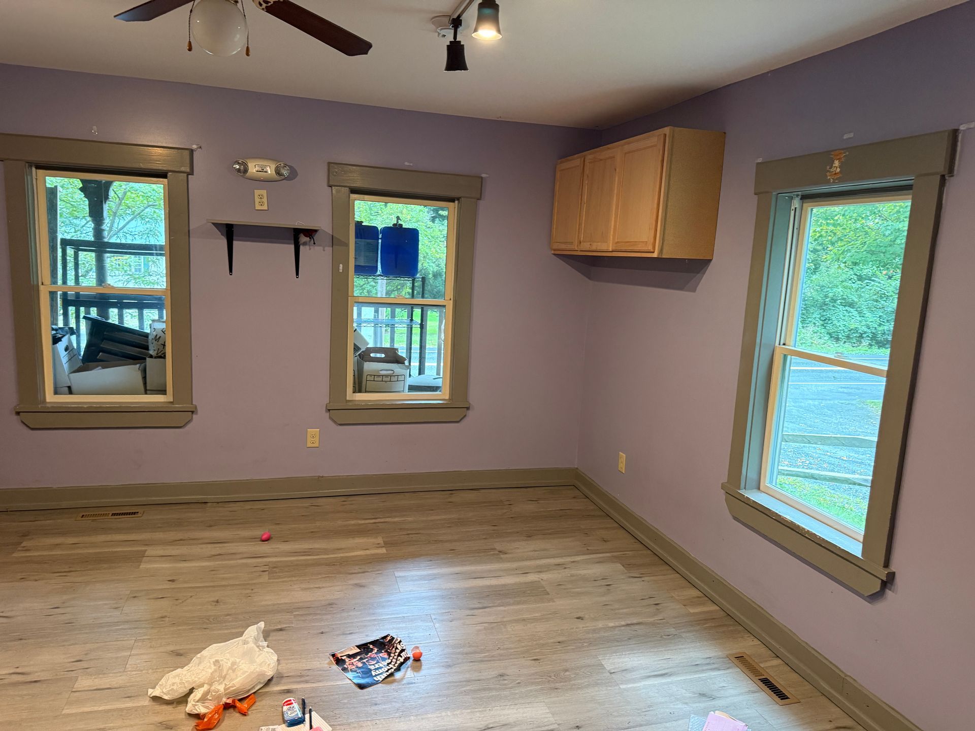 Empty room with lavender walls, wood floor, three windows, and ceiling track lights.