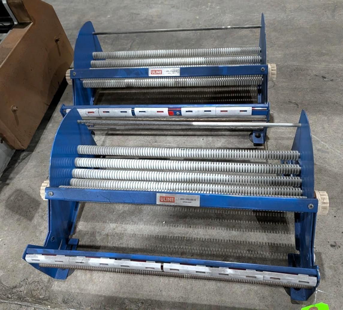 Two blue metal wire rack organizers