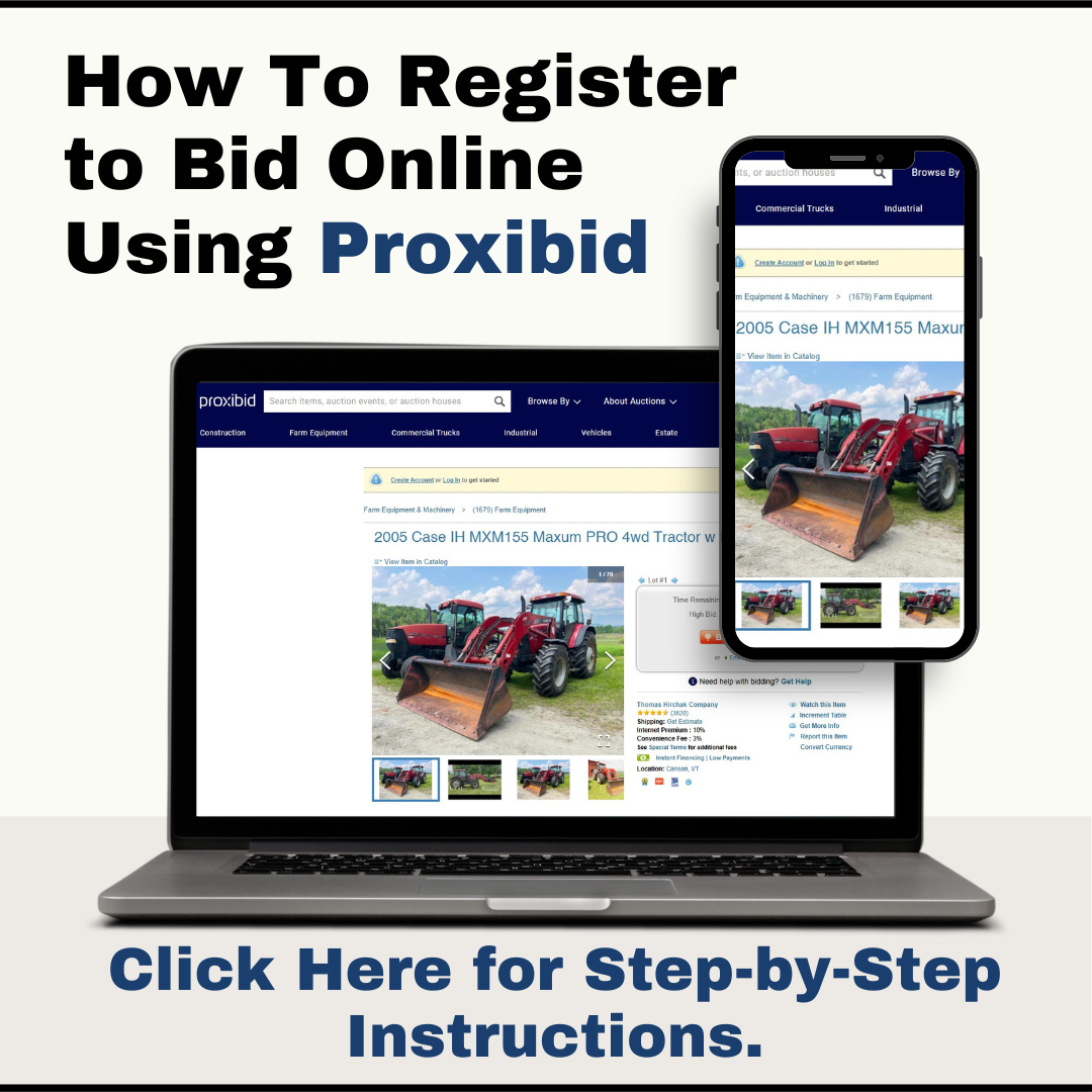 Advertisement for Proxibid: Register to bid online. Laptop and phone display auction, with link to instructions.
