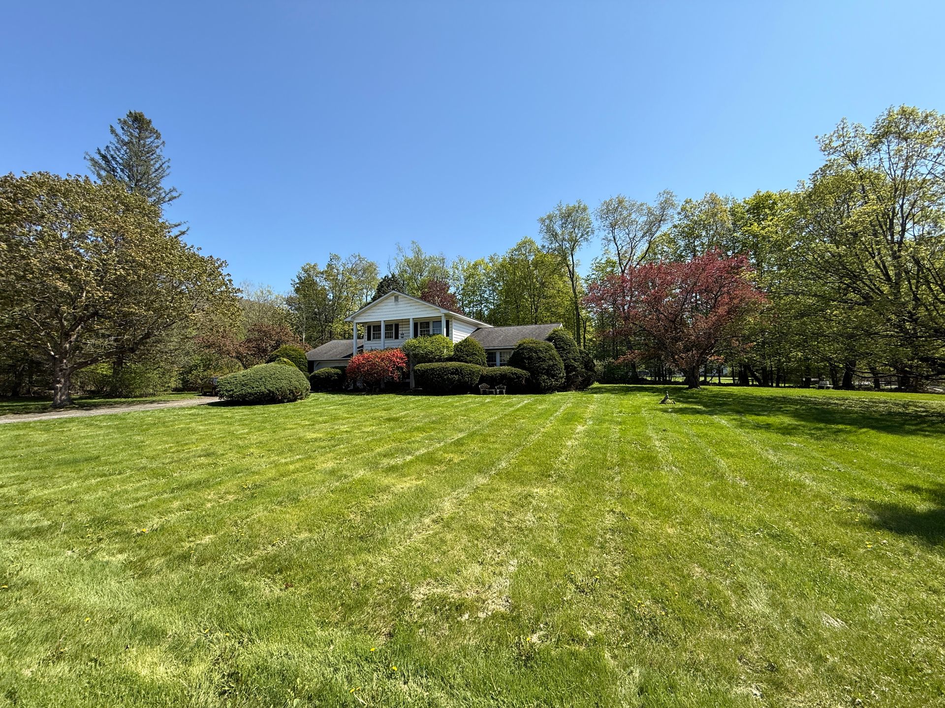 Green lawn with a two-story white house and surrounding trees under a blue sky.