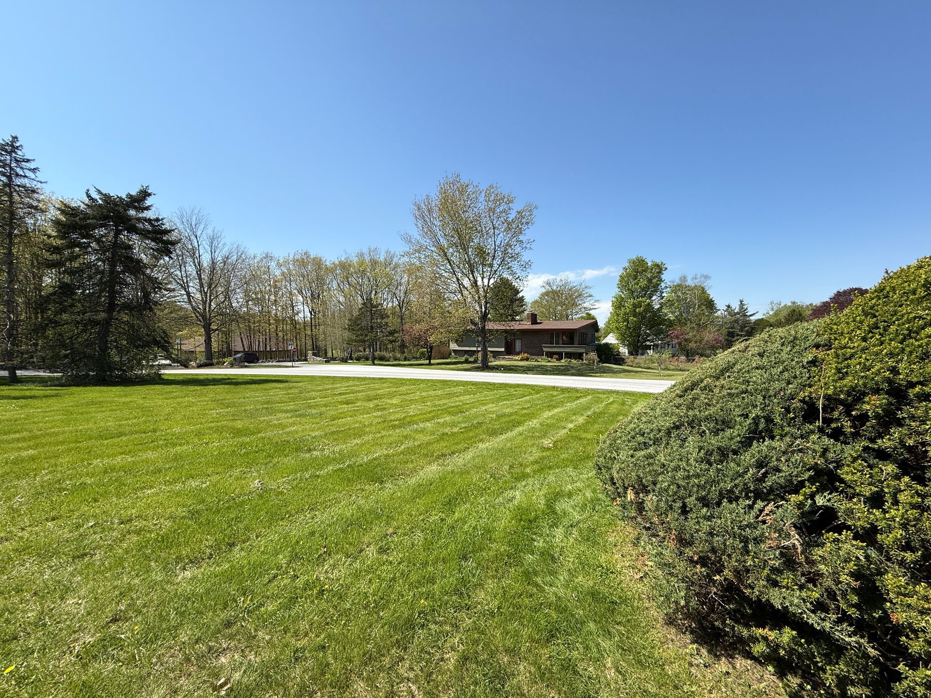 Lush green lawn with trimmed edges leads to a house set back among trees under a clear blue sky.