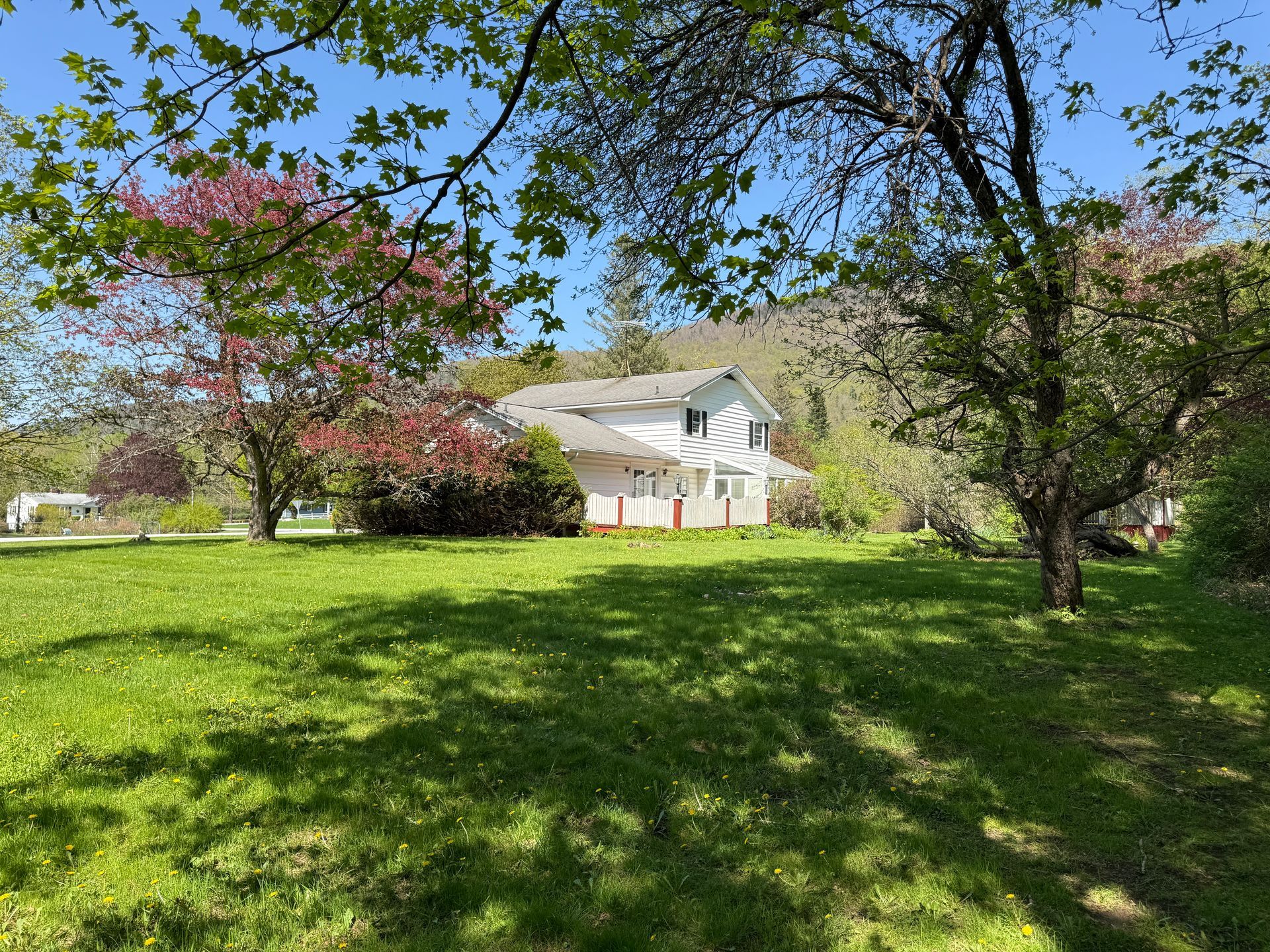 White house with green lawn, trees with pink blossoms, and a hillside in the background.