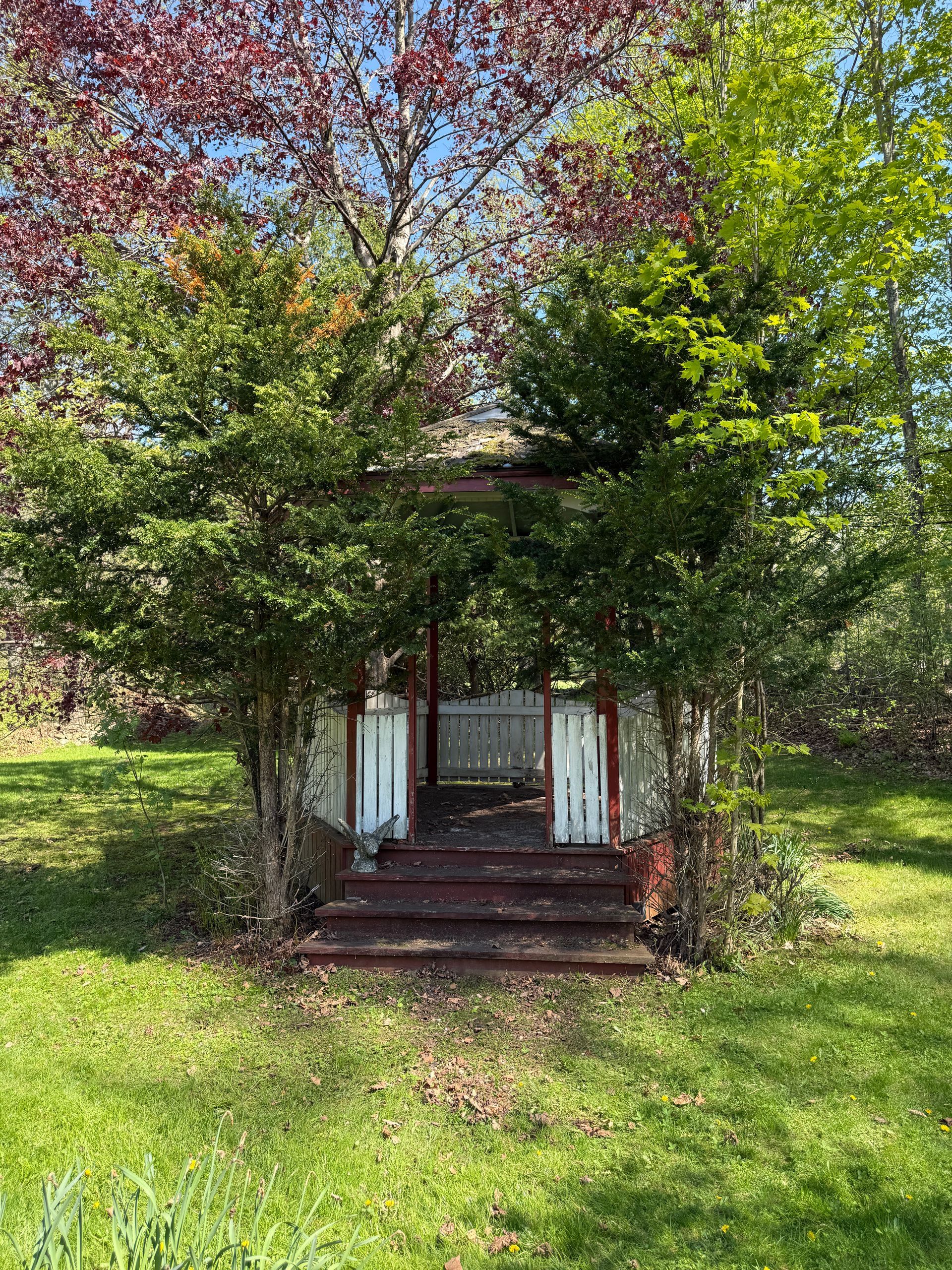 Gazebo with burgundy steps, framed by trees with red and green leaves, in a grassy yard.