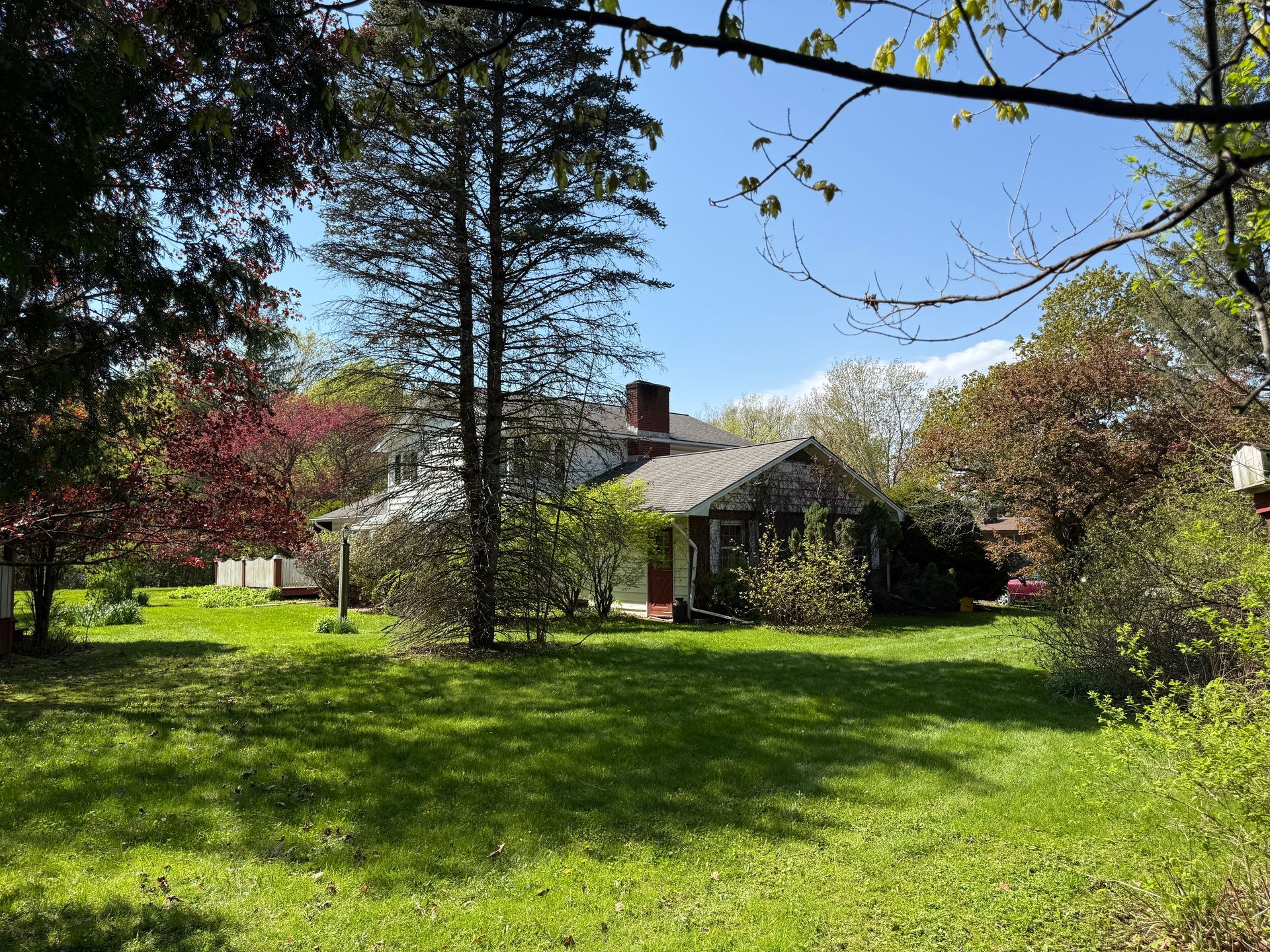 Green yard with a house, surrounded by trees under a blue sky.