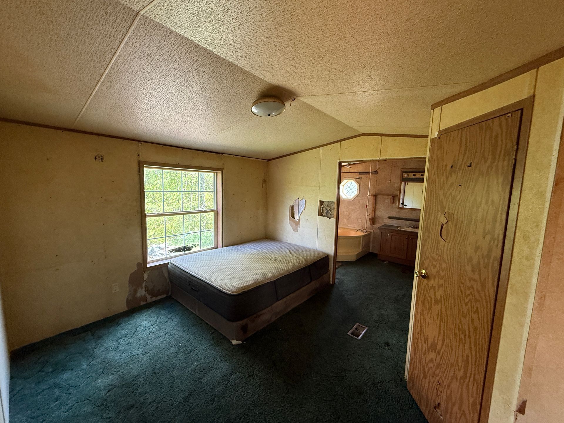 Bedroom with a bed, window, and doorway to a bathroom. Beige walls, green carpet.