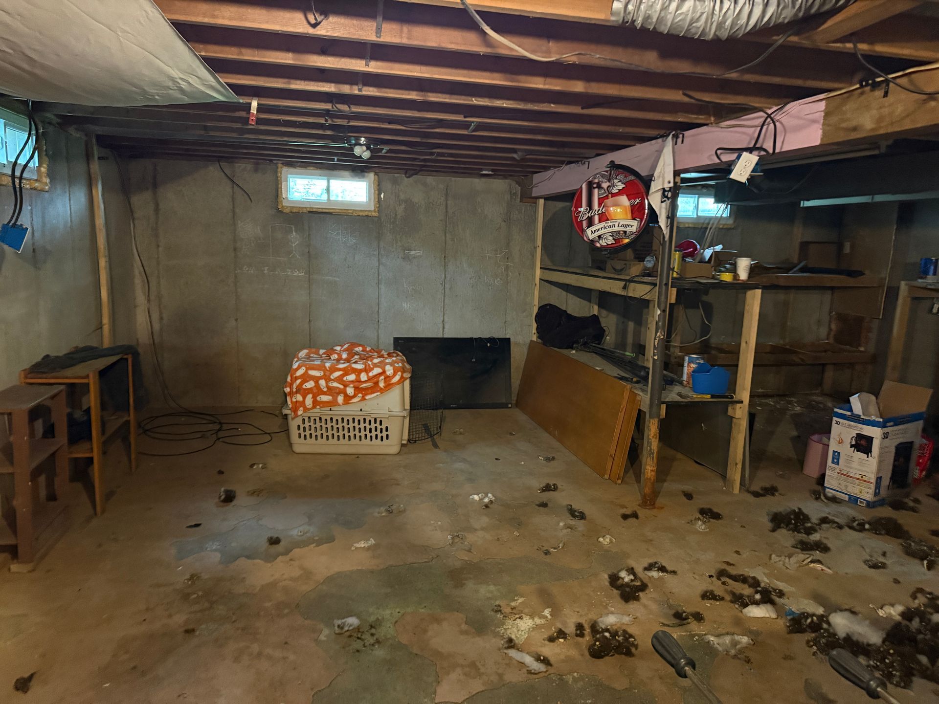 Basement with concrete walls, exposed ceiling beams.