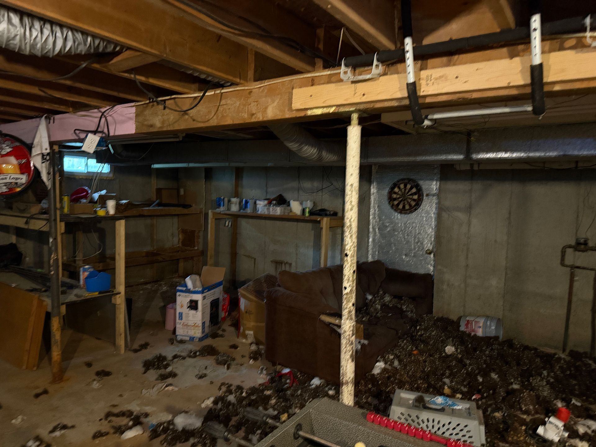 Basement with storage shelves, support beams, and a dartboard.