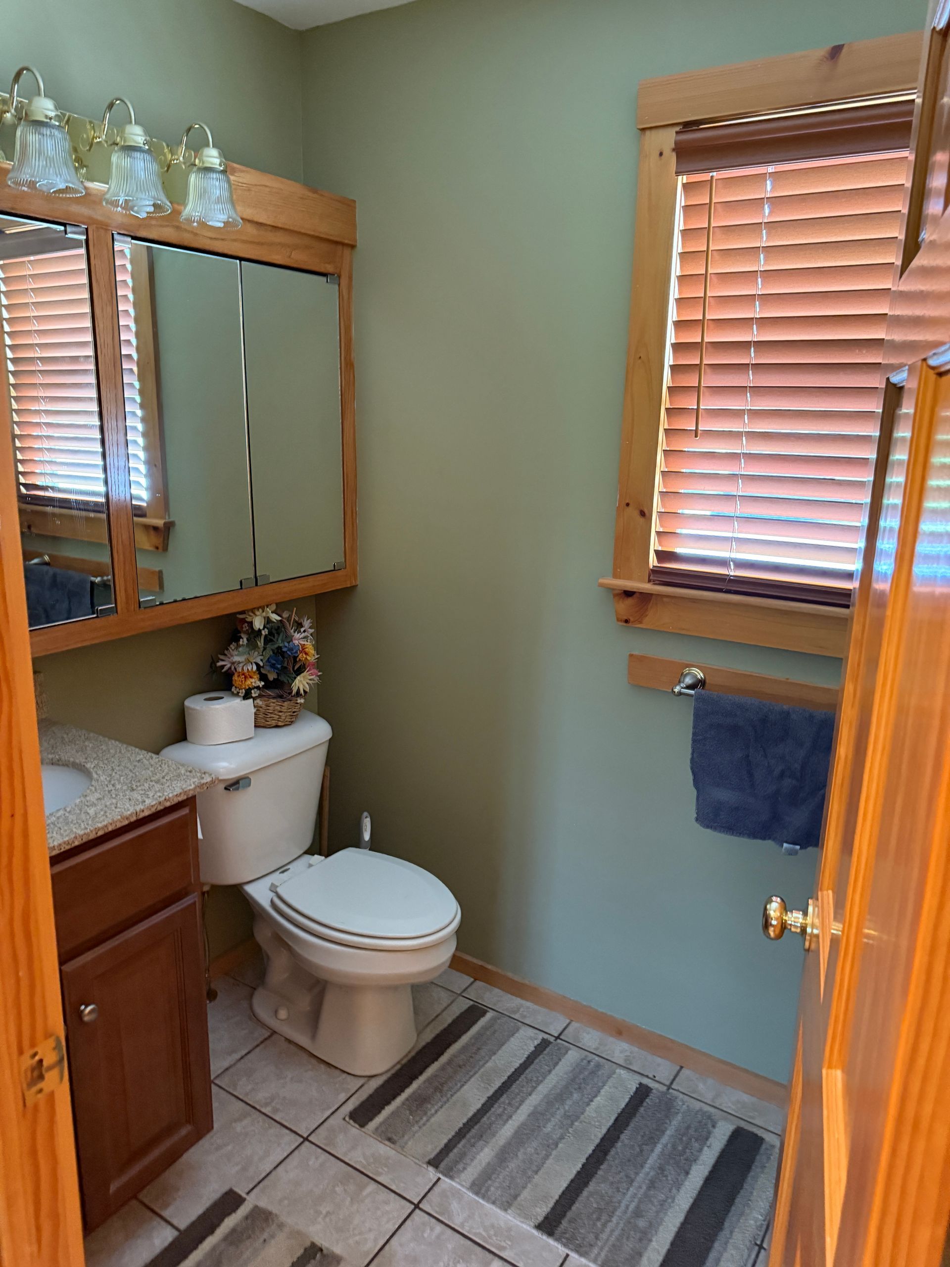 Bathroom with green walls, wood trim, toilet, vanity, and window with blinds.