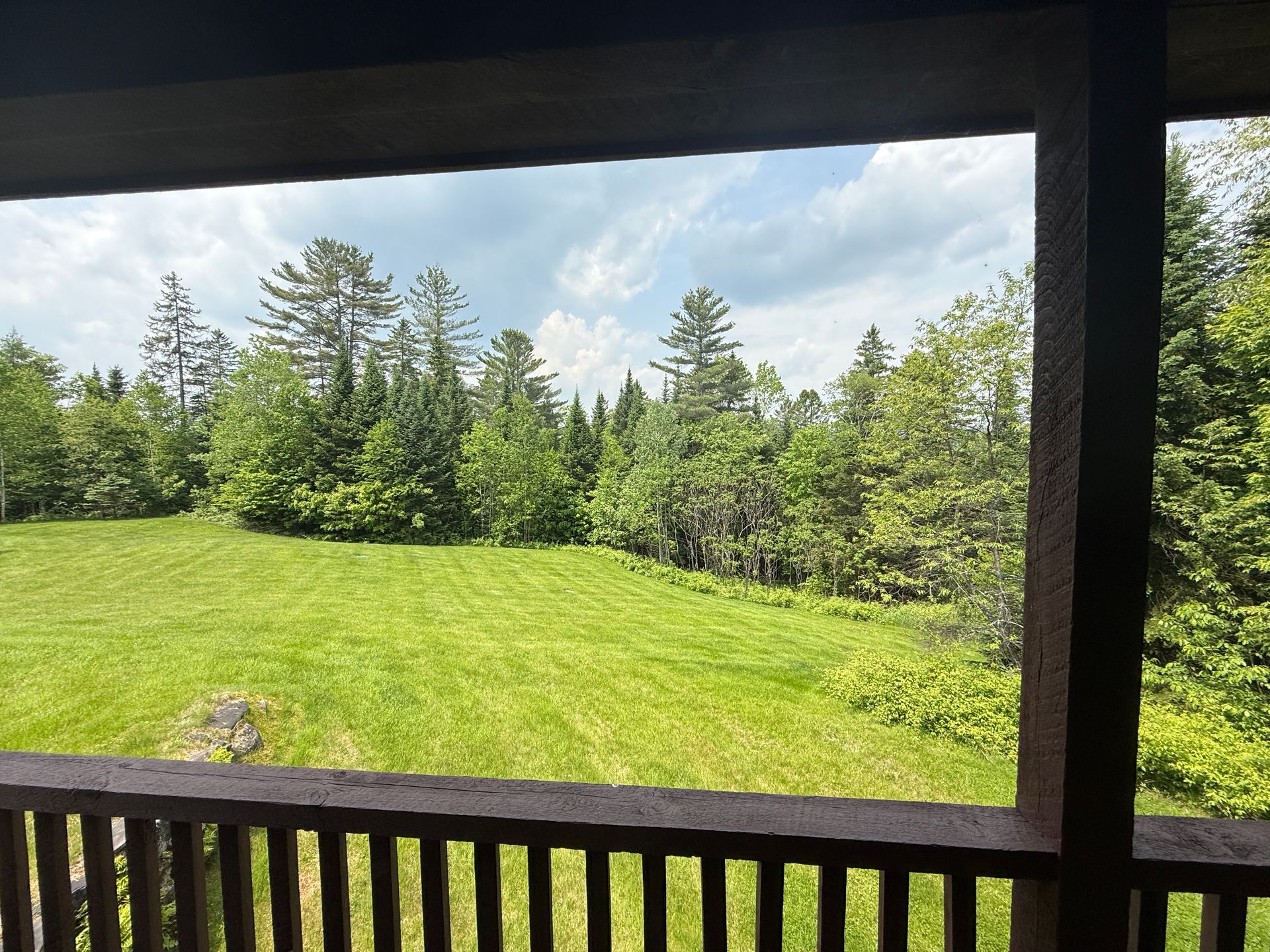 View from a porch overlooking a grassy yard and dense forest under a cloudy sky.