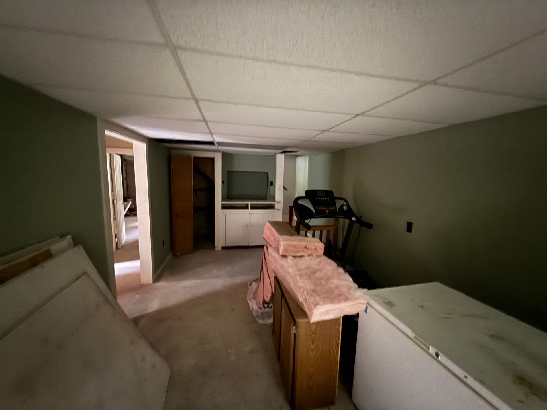Basement room with green walls, a treadmill, and storage cabinets.