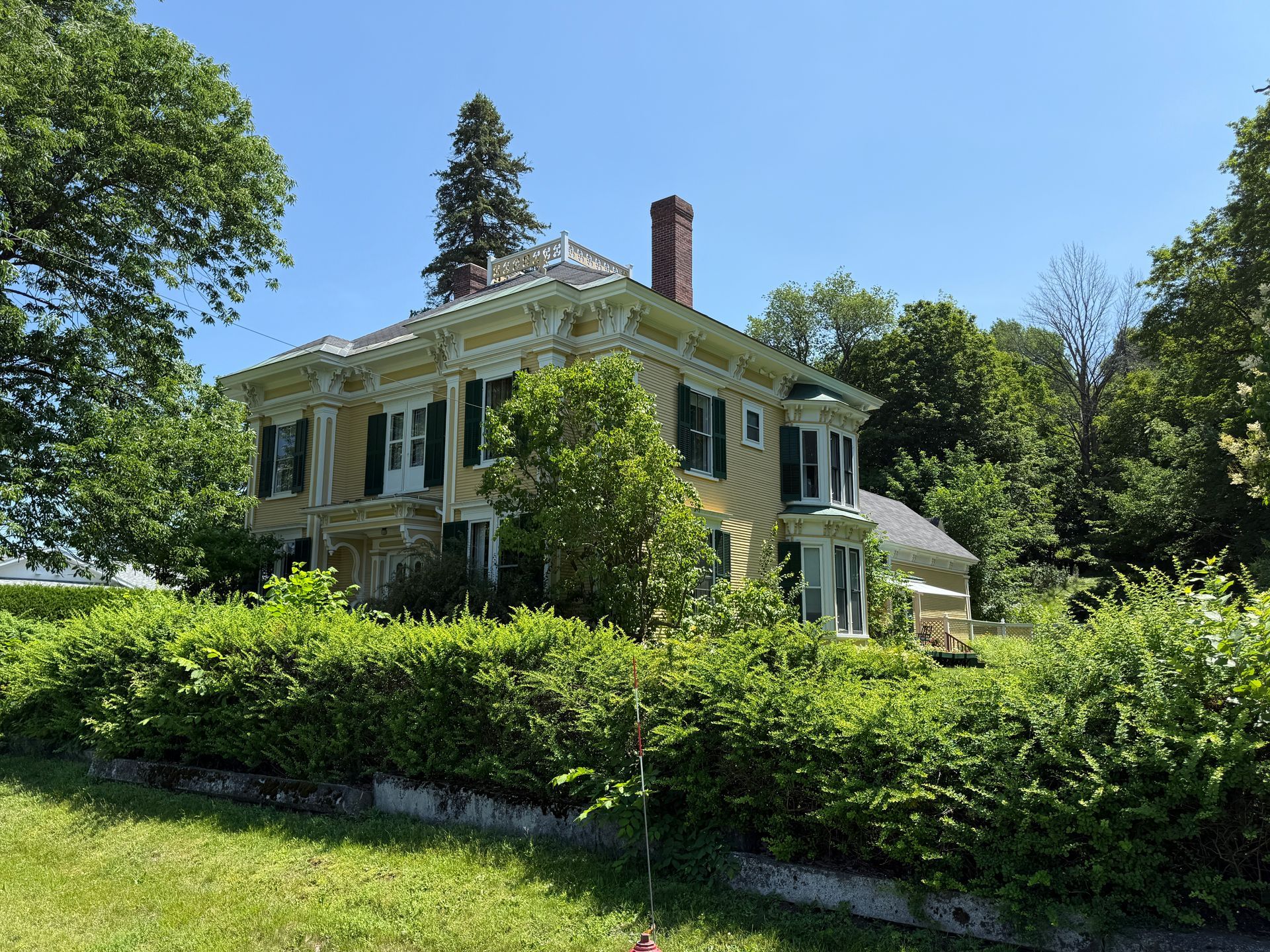 Yellow Victorian house behind green bushes and trees on a sunny day.