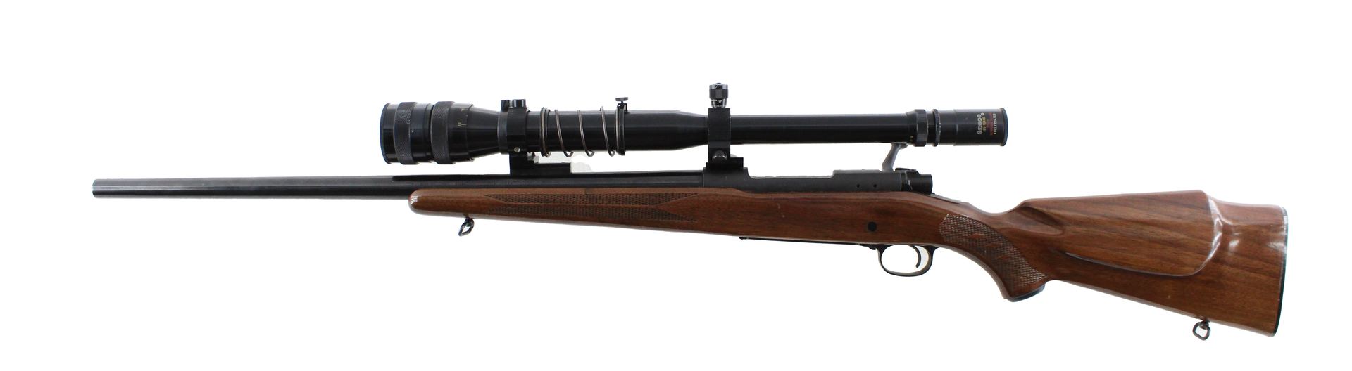 Rifle with a scope, wooden stock, and black barrel, set against a white background.