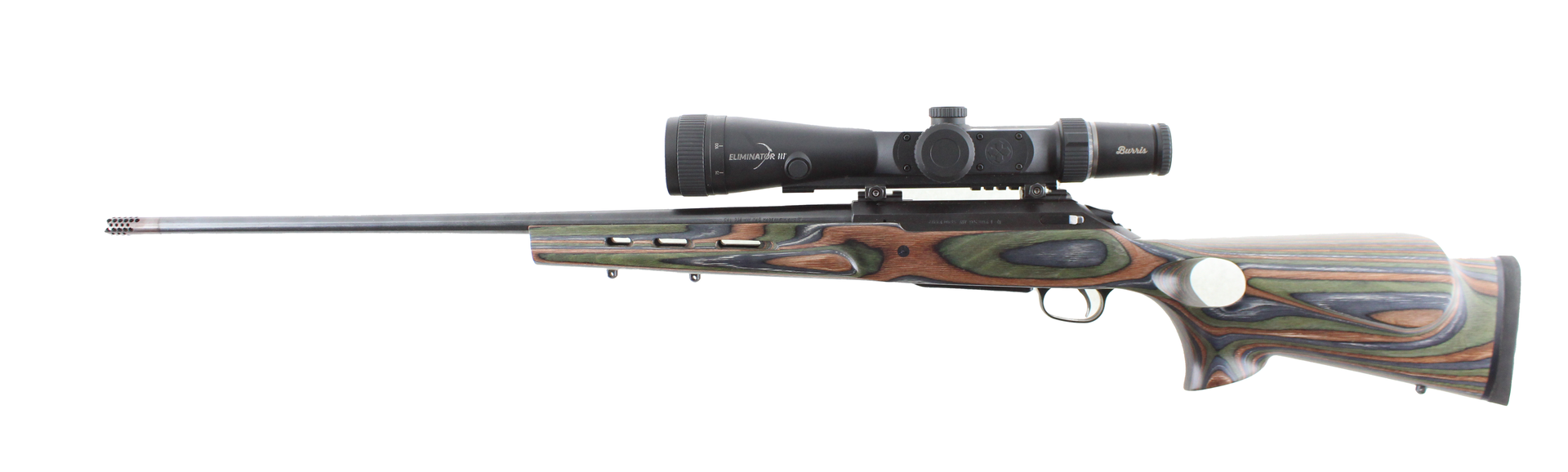 A rifle with a scope, camo stock, and black barrel, set against a white background.