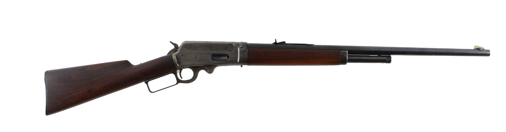 A lever-action rifle, likely vintage, with a dark wooden stock and a long, dark metal barrel.