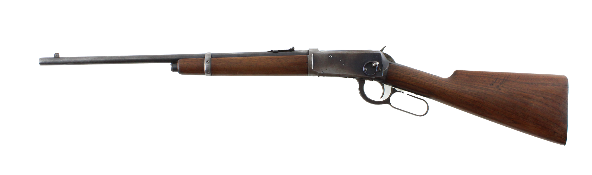 A lever-action rifle, with a wooden stock and barrel.
