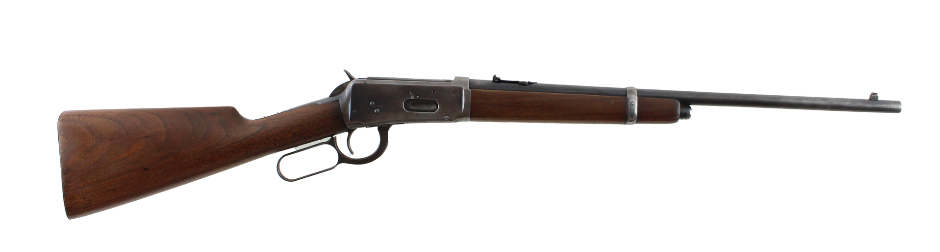 A brown lever-action rifle on a white background.
