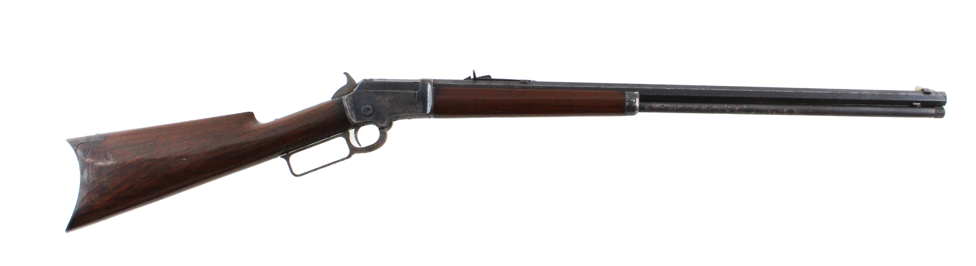 A rifle with a wooden stock and a metal barrel, shown against a white background.