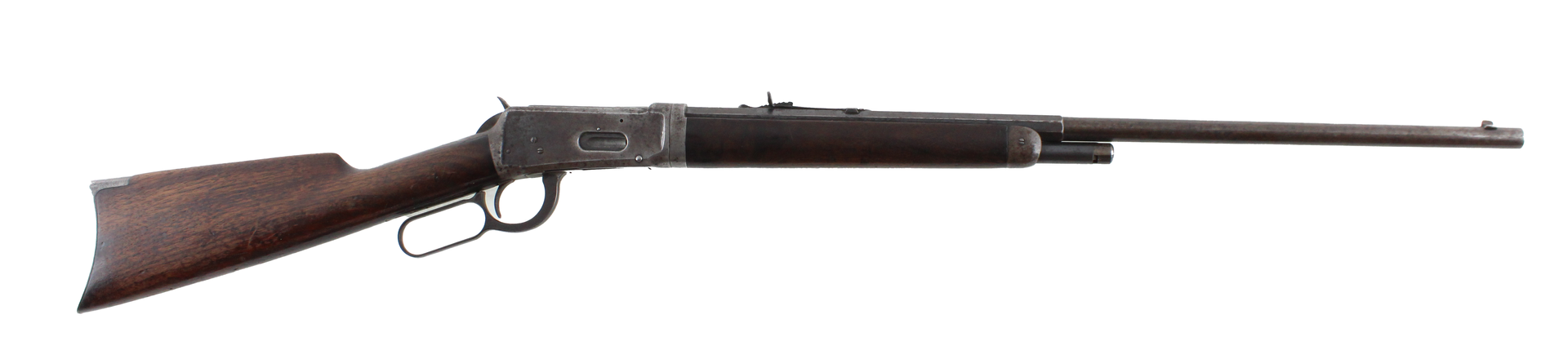 Lever-action rifle, brown wooden stock and forend, dark metal barrel, white background.