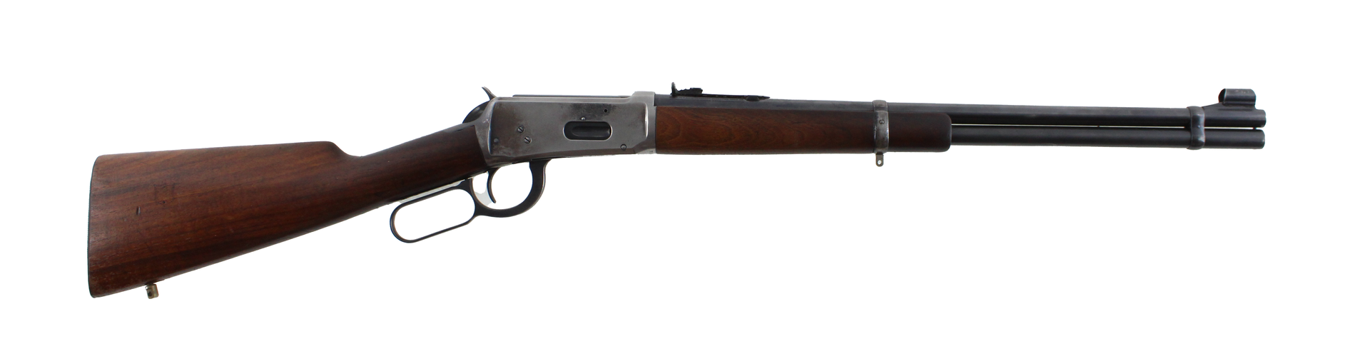 A lever-action rifle, brown wood stock and handguard, with a black barrel and receiver.