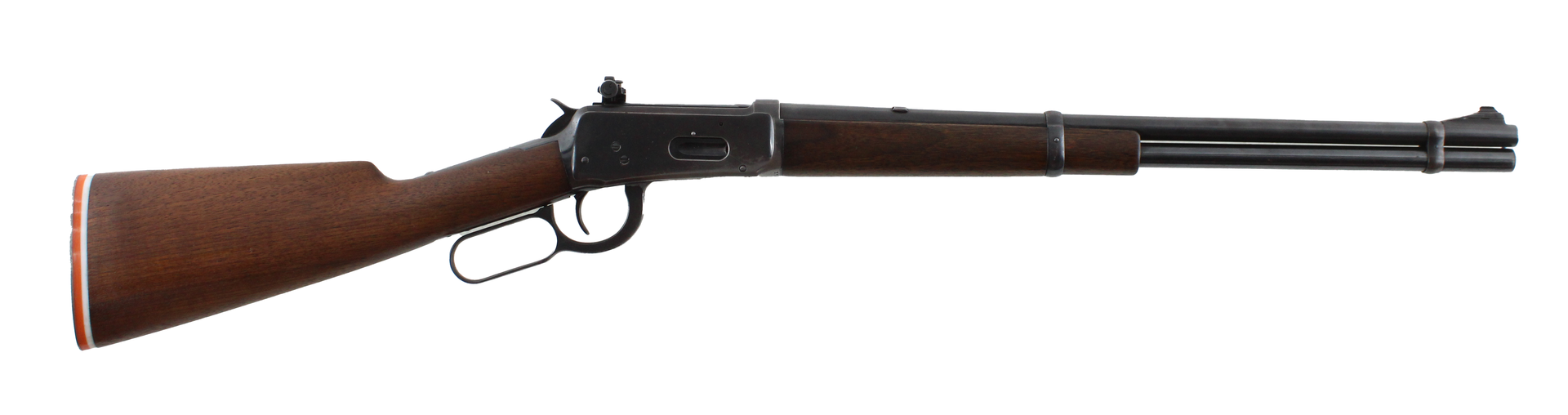 A lever-action rifle, brown stock, black barrel, and receiver.