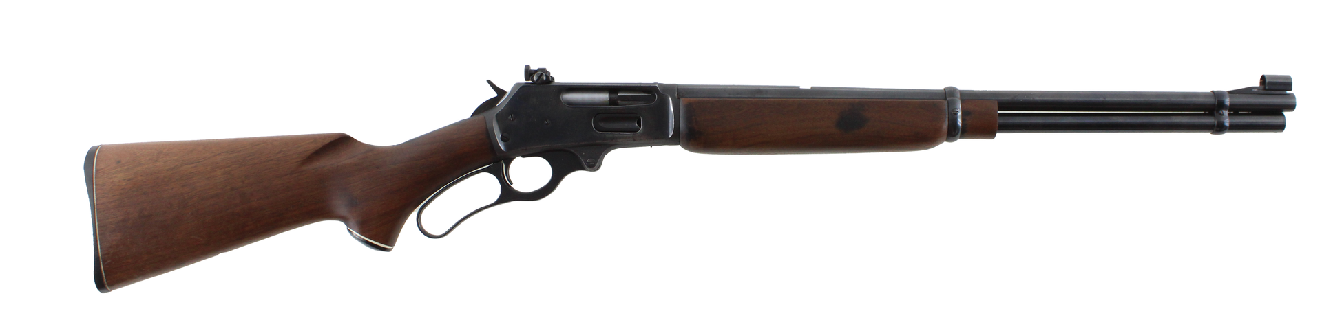 Lever-action rifle, wood stock, dark barrel, against a white background.