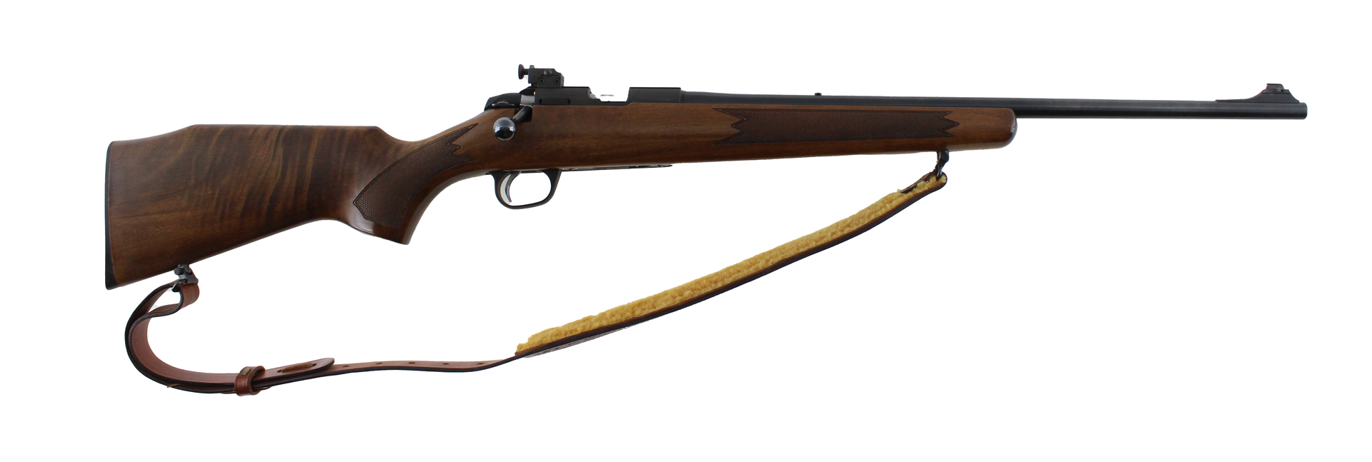 A bolt-action rifle with a wooden stock and a tan sling, lying horizontally.