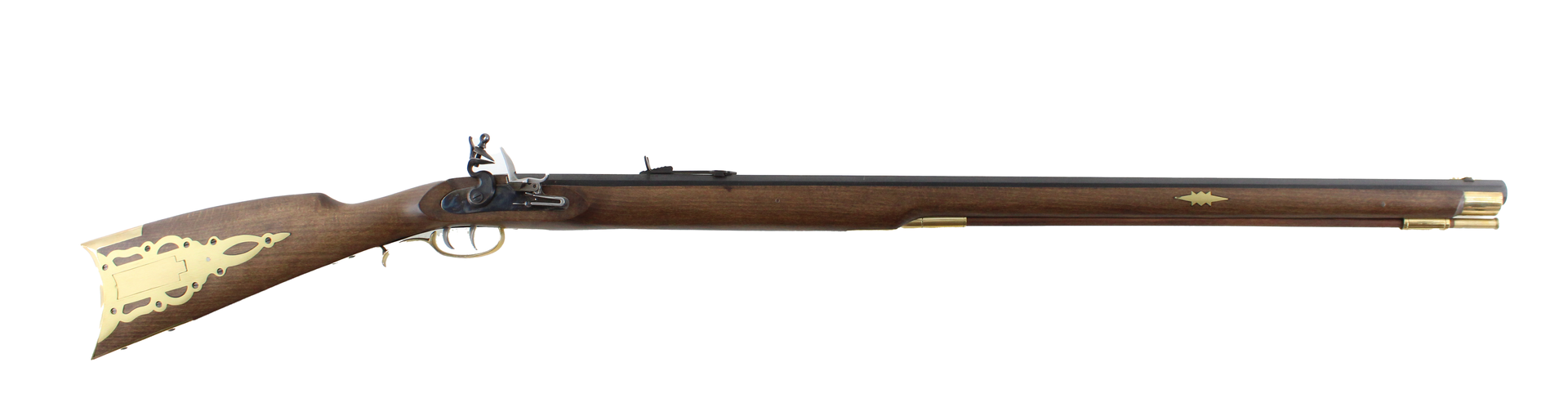 Long gun with a wooden stock and brass accents.