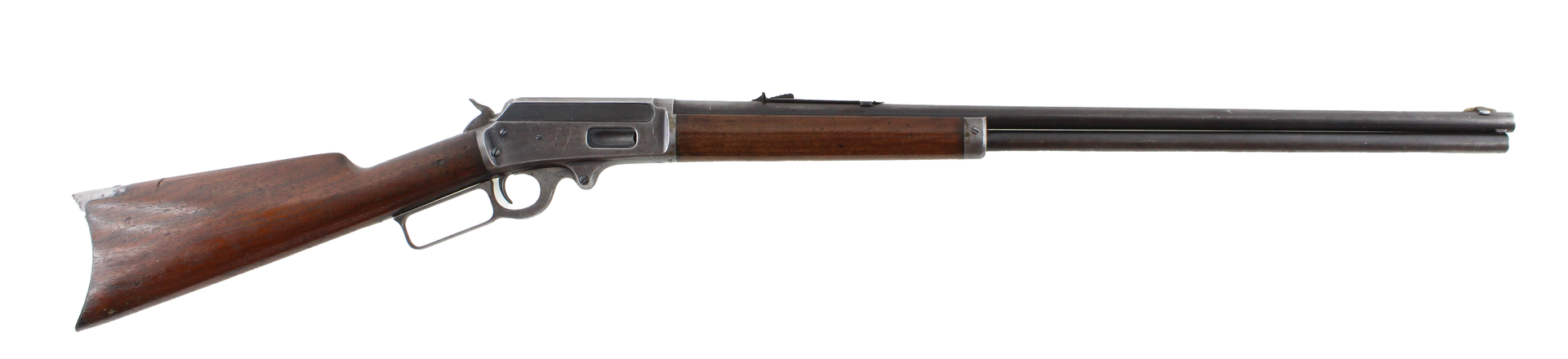 A lever-action rifle, brown stock, and dark barrel against a white background.