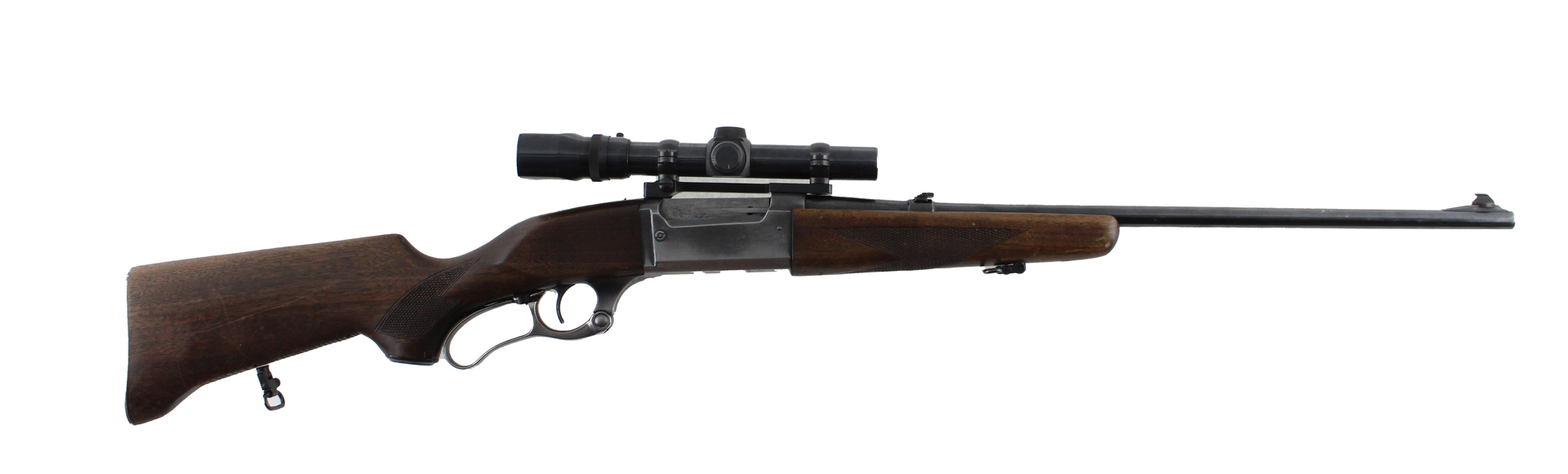A rifle with a scope, featuring a brown wooden stock and a black barrel.