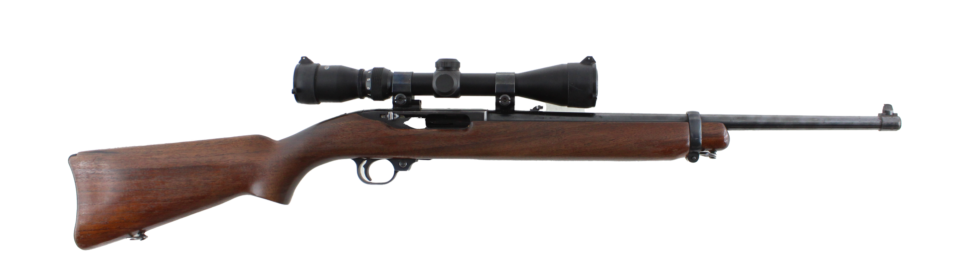 A rifle with a scope, featuring a wooden stock and dark metal barrel, is positioned against a white background.