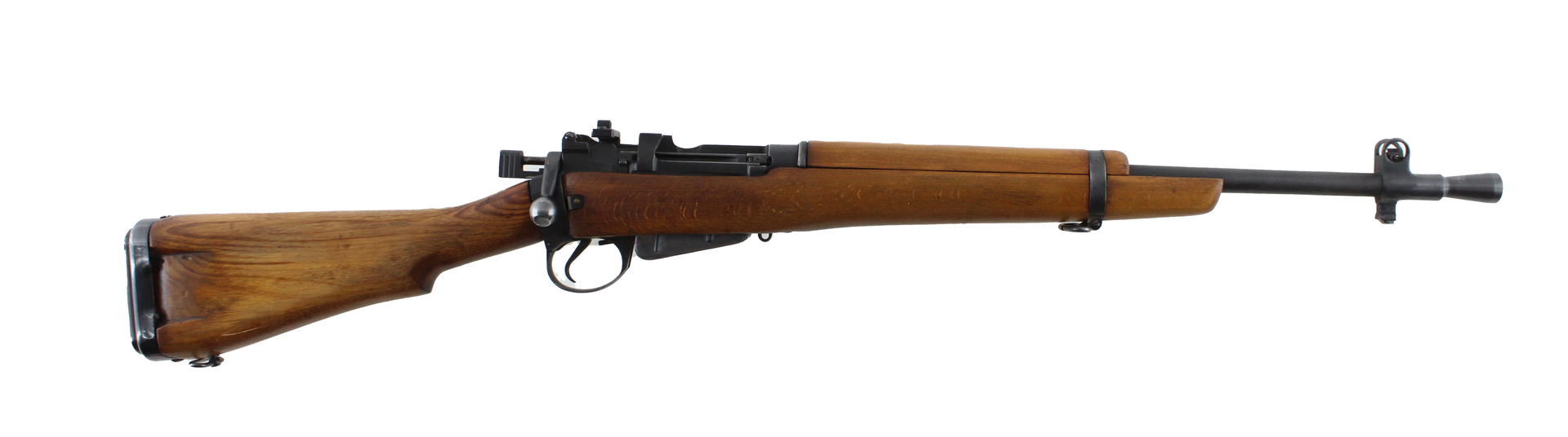 A rifle with a brown wooden stock and metal barrel and components.