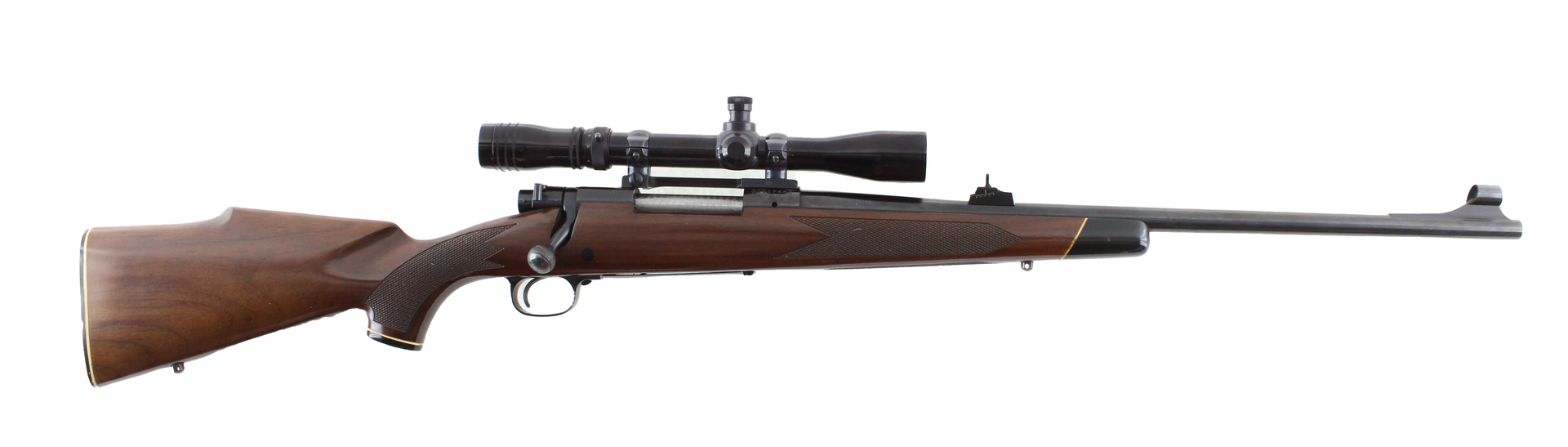 A rifle with a scope, featuring a brown wooden stock, against a white background.