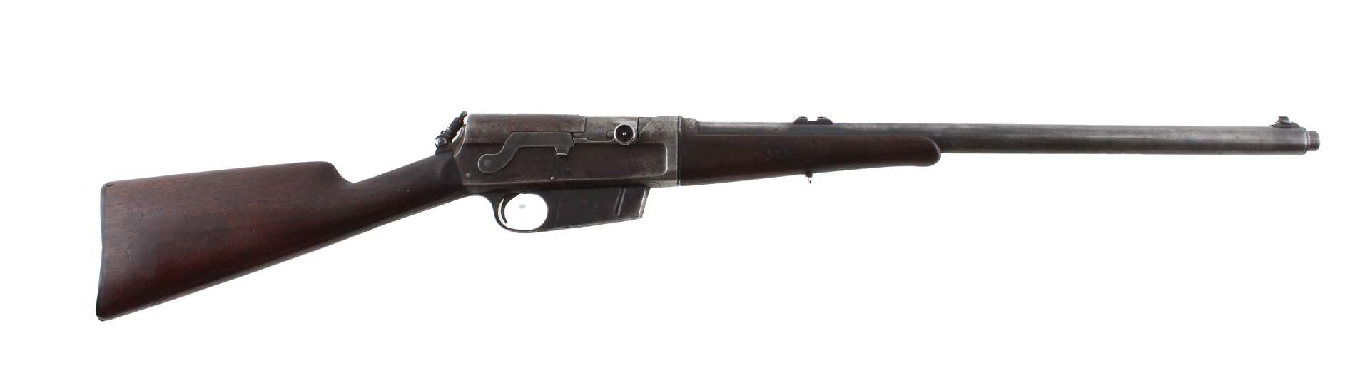 A long, dark rifle on a white background. The gun is brown and has a wooden stock.